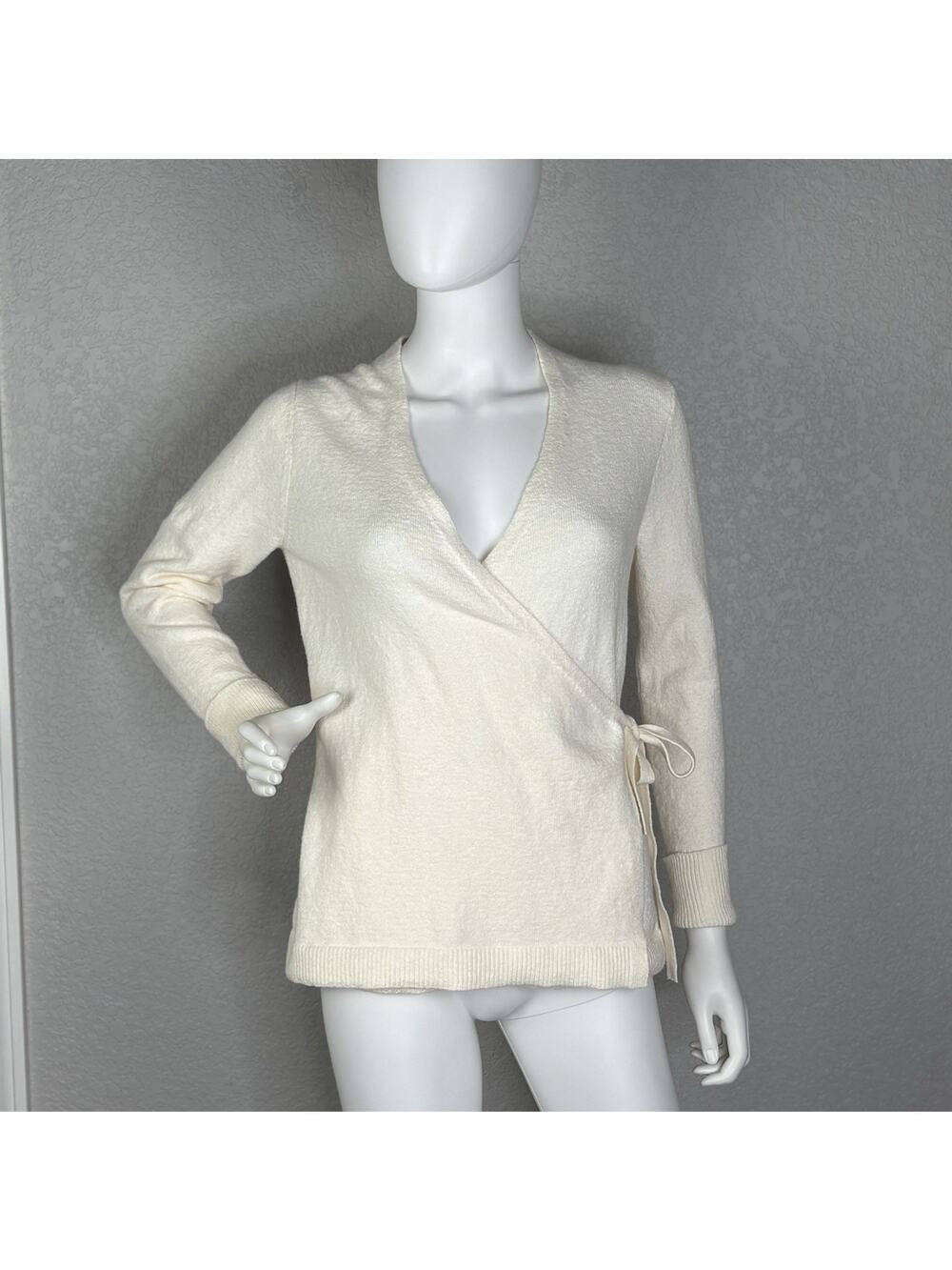 ANN TAYLOR Wrap Effect Sweater Cotton Wool Blend Neutral Soft Girl Ivory Size S